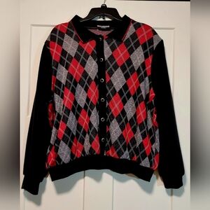 Vintage Alfred Dunner Womens Argyle Cardigan Sz 2X Black Red Retro Preppy